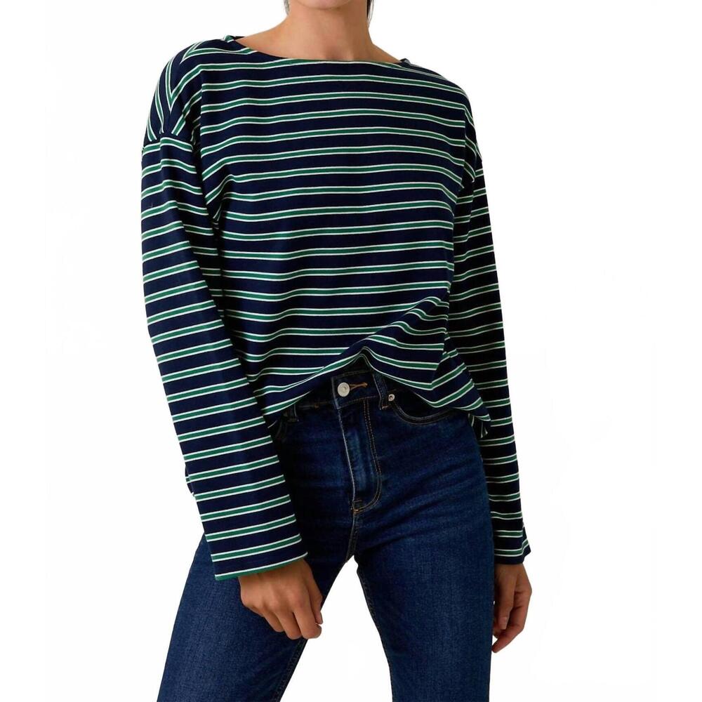 NEW SUNDAY EDITION stripe boatneck top in navy and green
